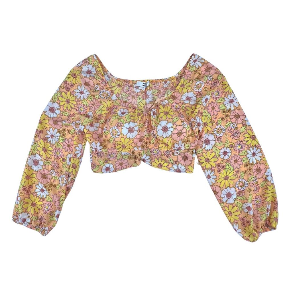 Madden NYC Crop Top XL Floral Blouson Sleeve Retro 70s Hippie Tie Back Boho Top
